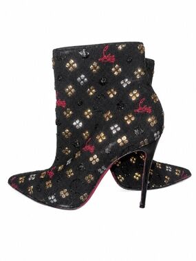 Christian Louboutin Black Embroidered Logo Pointed Toe Ankle Boots Red Bottoms